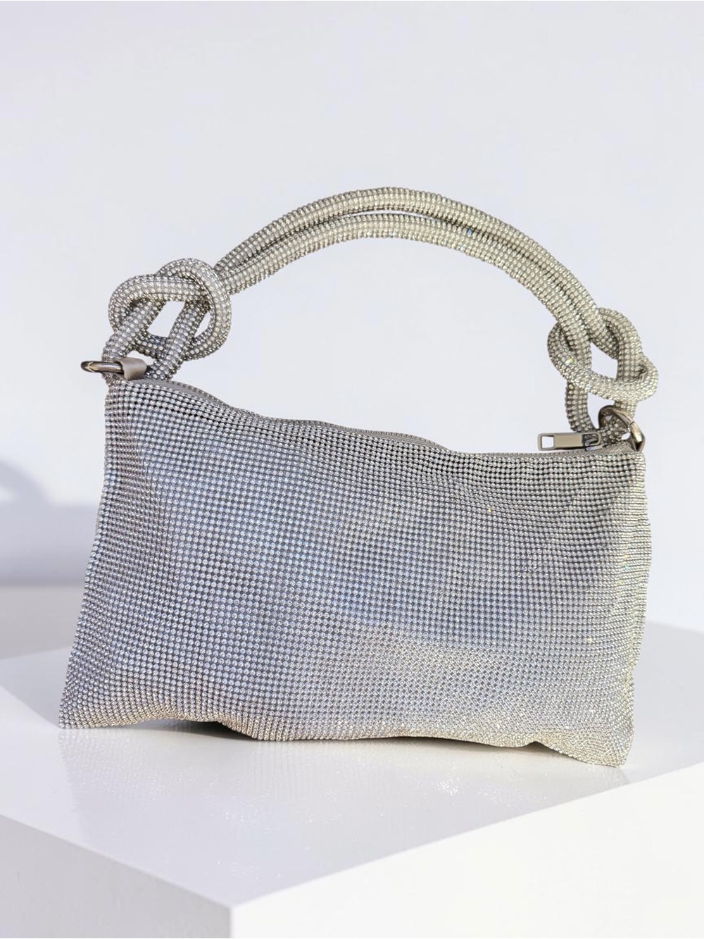 Women’s Silver Rhinestone Shoulder Bag Crystal Evening Bag Knot Handle Y2K Glam